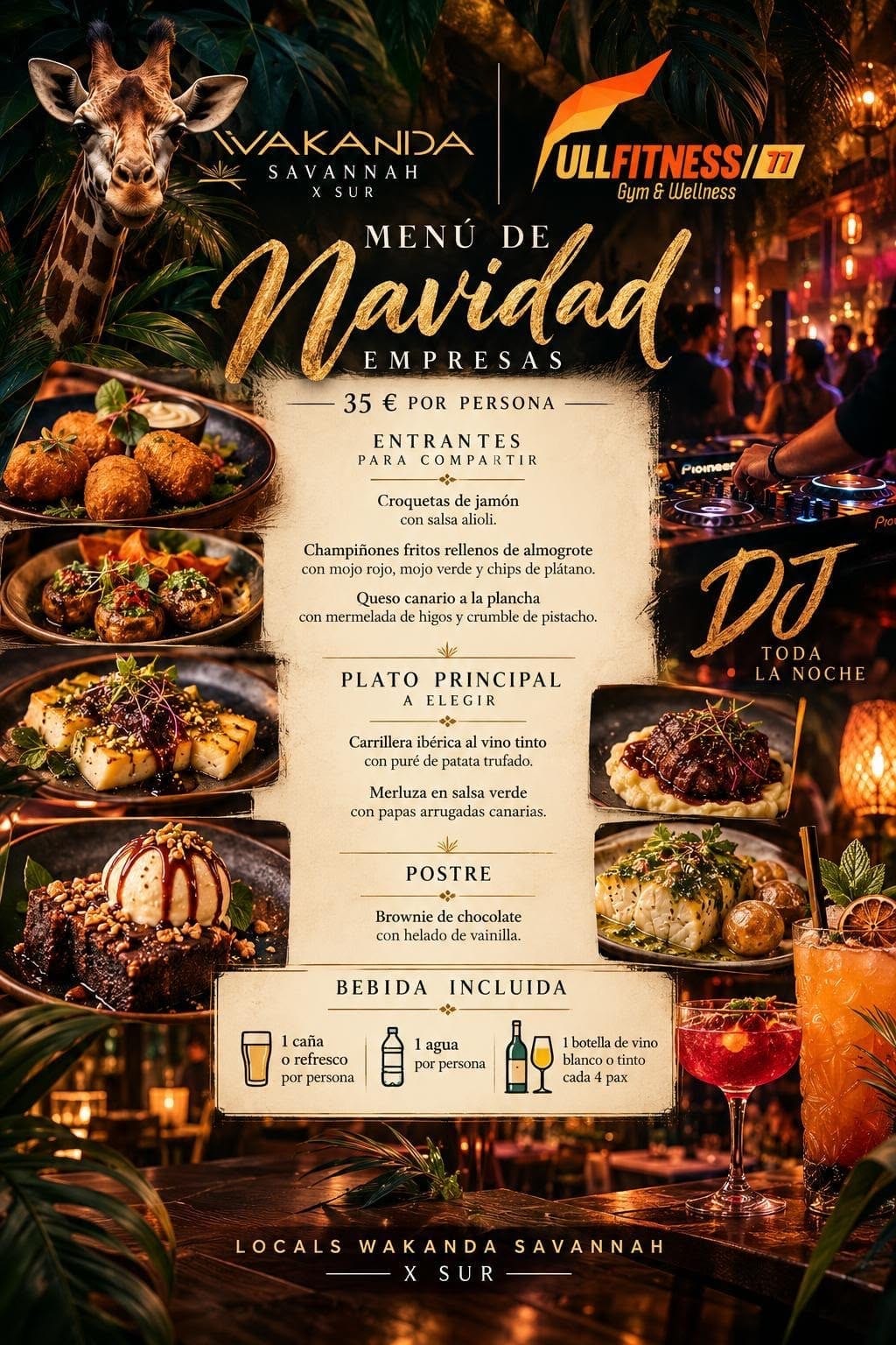 Cartel del Menú de Navidad para empresas de Wakanda Savannah X Sur y FullFitness77: 35 euros por persona, con entrantes, plato principal, postre, bebida incluida y DJ toda la noche.